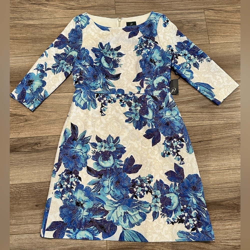 NWT! Adrianna Papell Matelsee Metallic Jacquard Sheath Floral Dress Size 8 - Picture 2 of 10